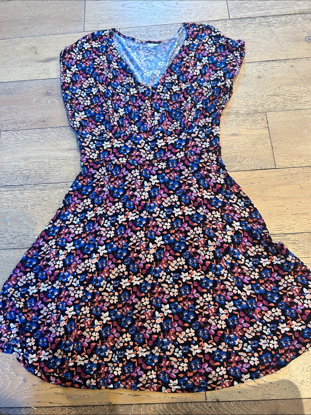V-Neck Floral A-Line Dress in Blue & Pink